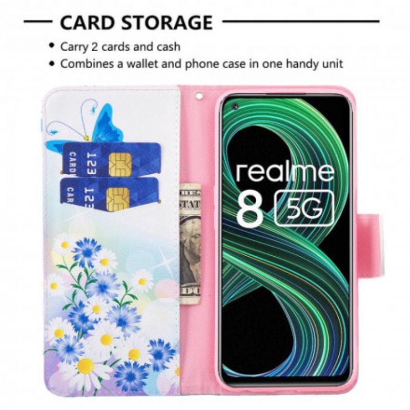 δερματινη Κάλυμμα Realme 8 5G Ματζέντα Ζωγραφισμένες Πεταλούδες Και Λουλούδια