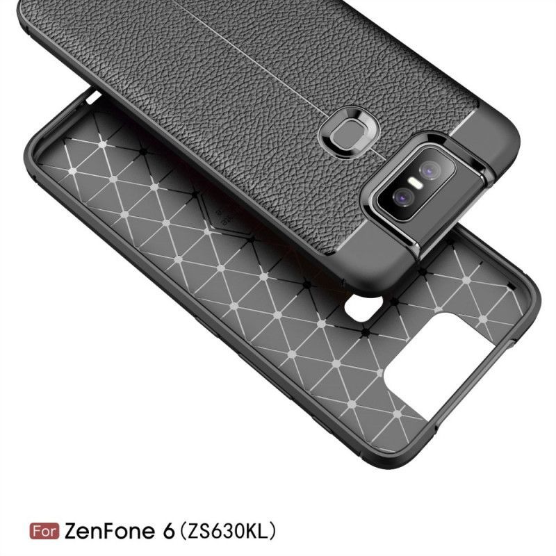 Κάλυμμα Asus ZenFone 6 Μαύρο Εφέ Από Δέρμα Λίτσι Διπλής Γραμμής