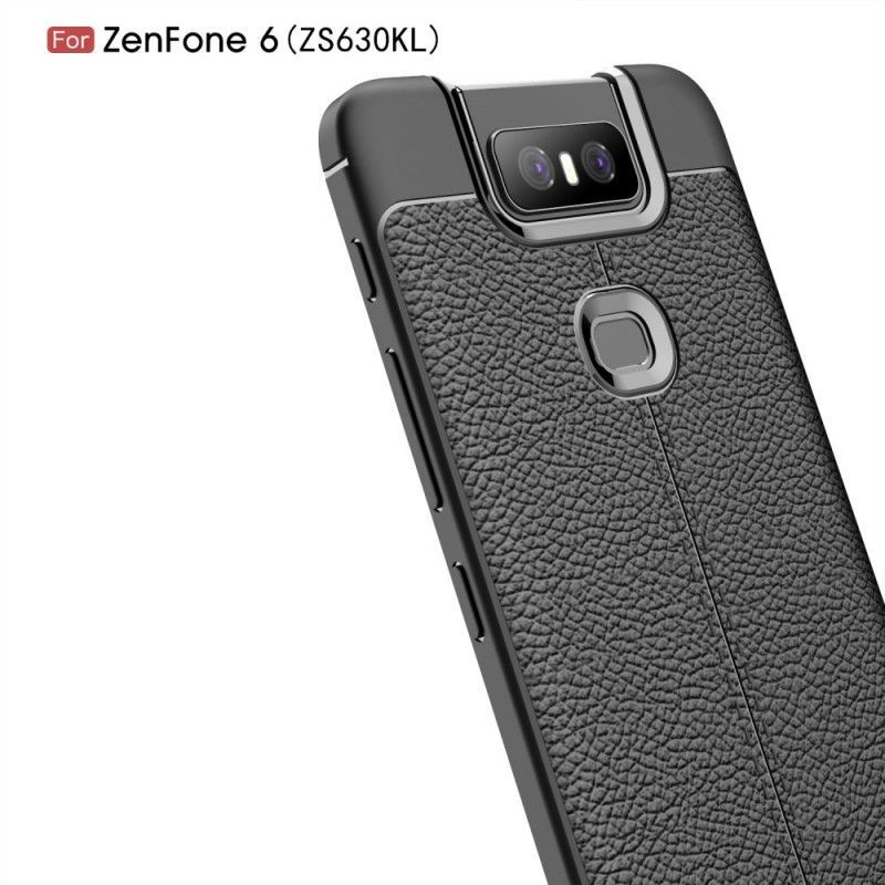 Κάλυμμα Asus ZenFone 6 Μαύρο Εφέ Από Δέρμα Λίτσι Διπλής Γραμμής