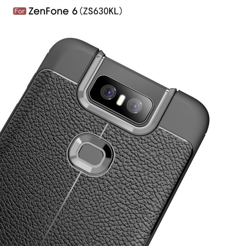 Κάλυμμα Asus ZenFone 6 Μαύρο Εφέ Από Δέρμα Λίτσι Διπλής Γραμμής