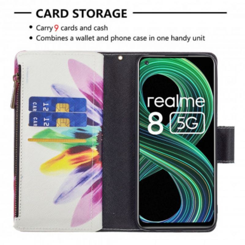 Κάλυμμα Folio Realme 8 5G Μαύρο Τσέπη Με Φερμουάρ Λουλουδιών