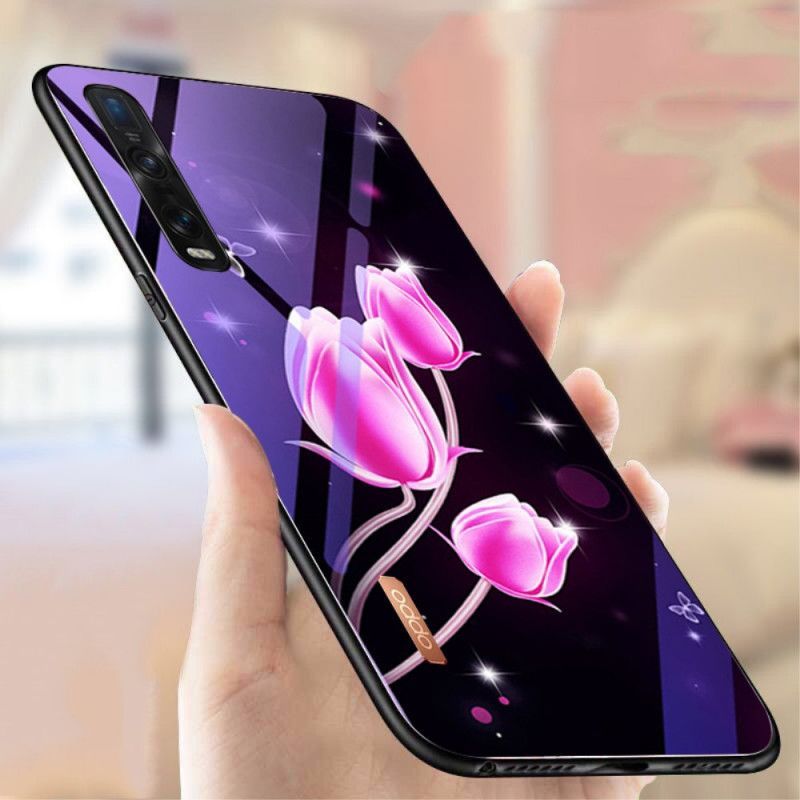 Κάλυμμα Oppo Find X2 Pro Ματζέντα Tempered Glass Και Floral Σιλικόνη Πρωτότυπος