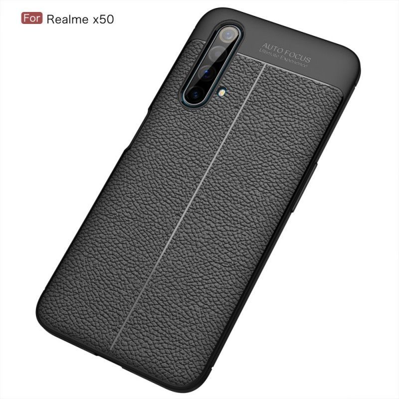 Κάλυμμα Realme X50 Μαύρο Εφέ Από Δέρμα Λίτσι Διπλής Γραμμής