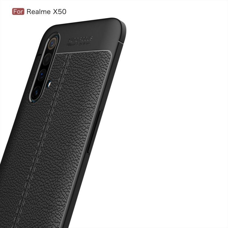 Κάλυμμα Realme X50 Μαύρο Εφέ Από Δέρμα Λίτσι Διπλής Γραμμής