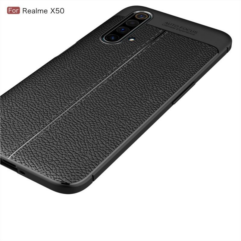 Κάλυμμα Realme X50 Μαύρο Εφέ Από Δέρμα Λίτσι Διπλής Γραμμής