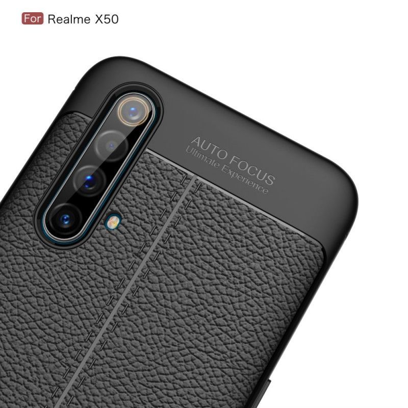 Κάλυμμα Realme X50 Μαύρο Εφέ Από Δέρμα Λίτσι Διπλής Γραμμής