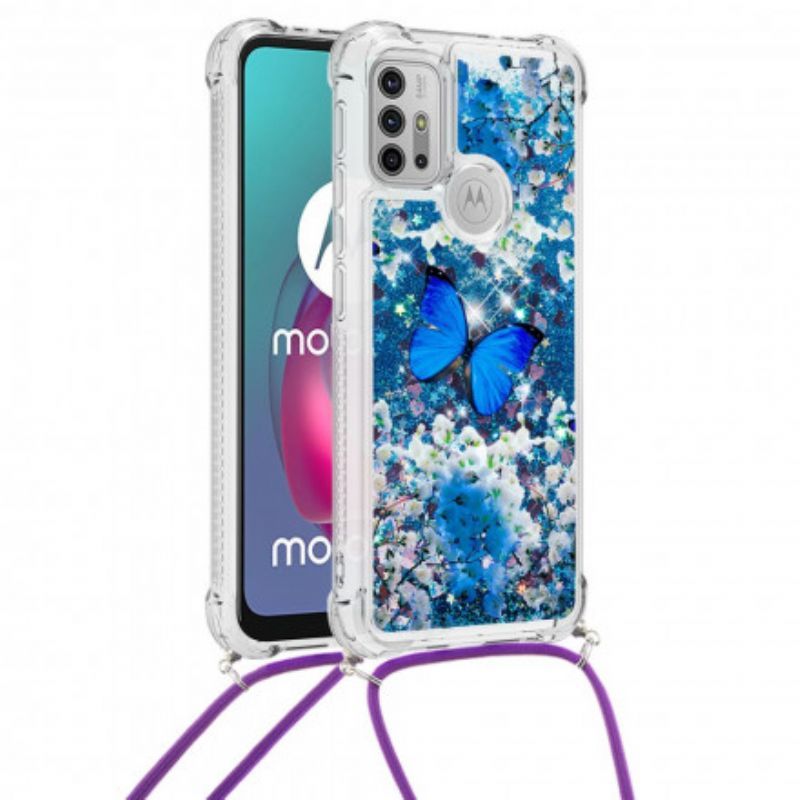 Moto G30 / Moto G10 Θήκη Με Κορδόνι Περίσφιξης Με Γκλίτερ Πεταλούδα