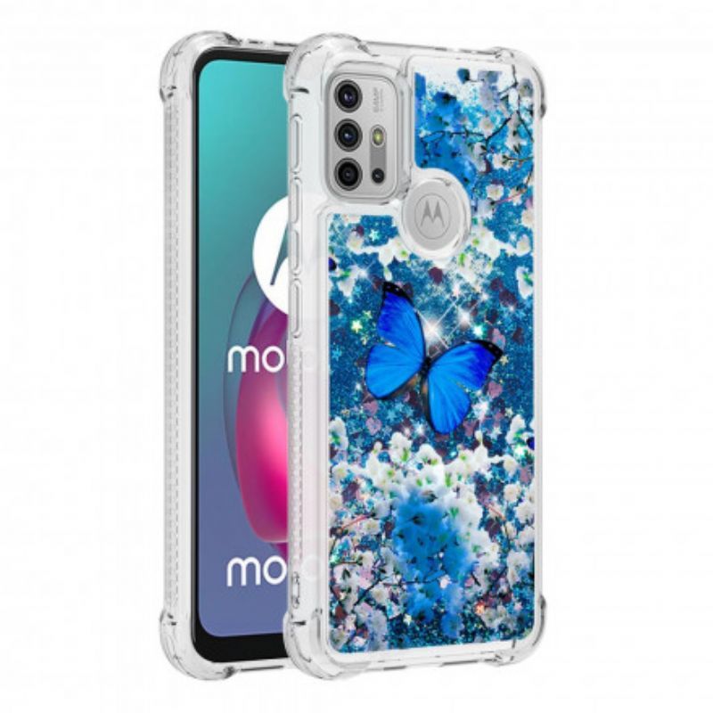 Moto G30 / Moto G10 Θήκη Μπλε Γκλίτερ Πεταλούδες