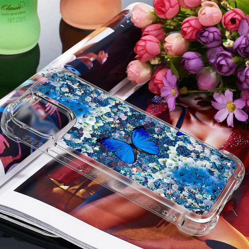 Κάλυμμα iPhone 13 Pro Max Glitter Μπλε Πεταλούδες