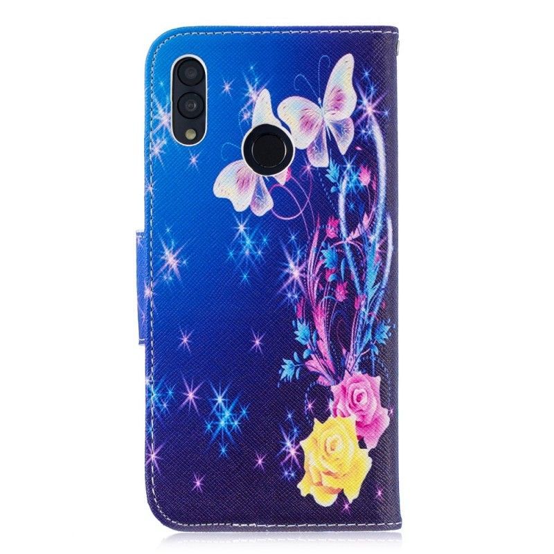 δερματινη Κάλυμμα Honor 10 Lite Ροζ / Huawei P Smart 2019 Πεταλούδες Μέσα Στη Νύχτα