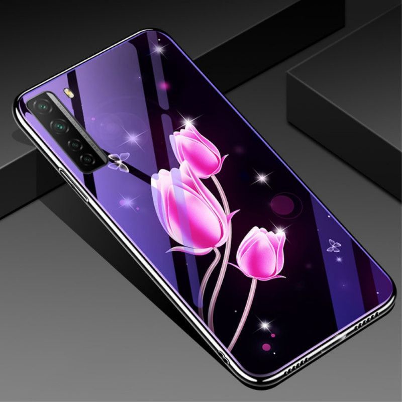 Κάλυμμα Για Huawei P40 Lite 5G Ματζέντα Tempered Glass Και Floral Σιλικόνη