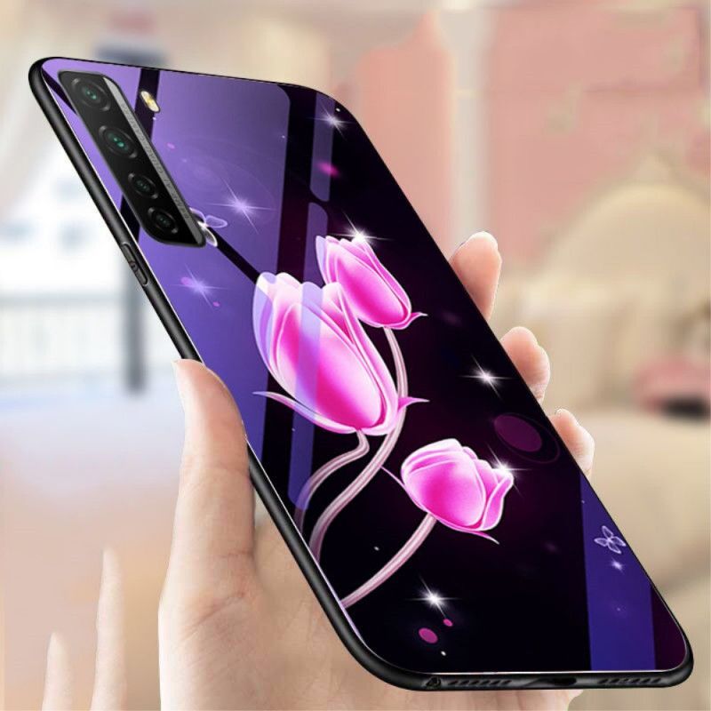 Κάλυμμα Για Huawei P40 Lite 5G Ματζέντα Tempered Glass Και Floral Σιλικόνη