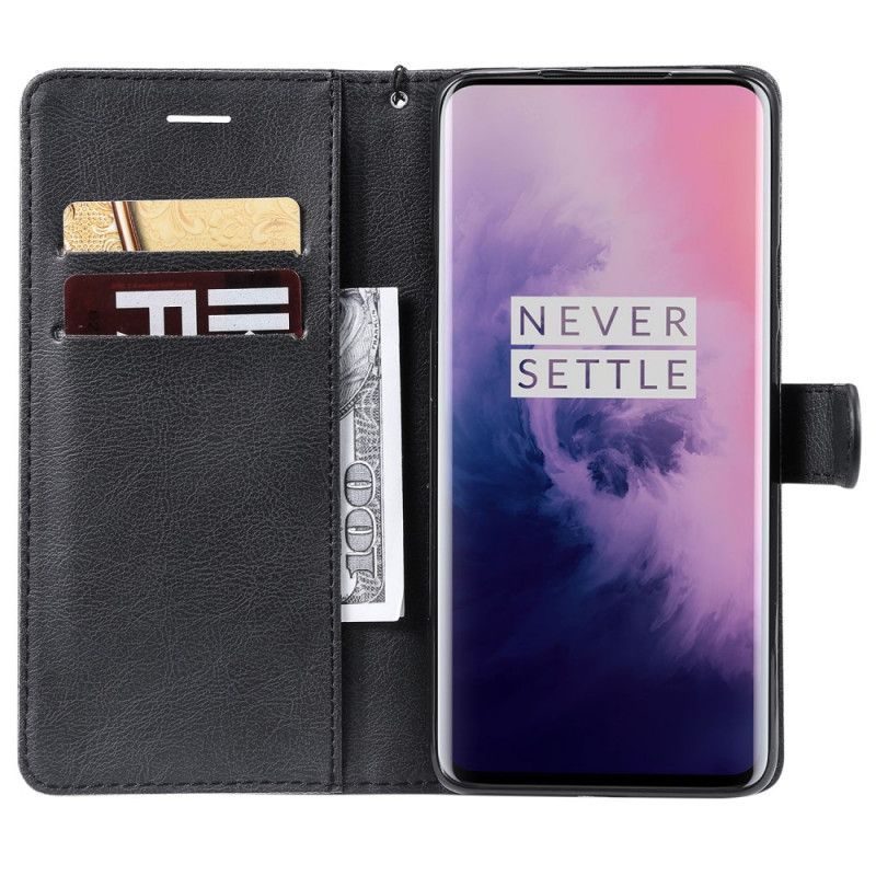 δερματινη Κάλυμμα OnePlus 7 Pro Μαύρο Δερμάτινο Εφέ Με Τιράντες Πρωτότυπος