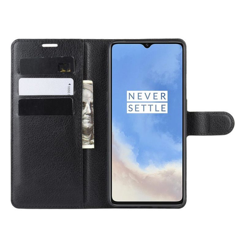 δερματινη Κάλυμμα OnePlus 7T Μαύρο Στιλ Από Δέρμα Λίτσι