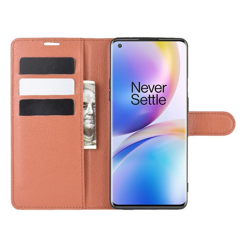 Κάλυμμα Folio OnePlus 8 Pro Μαύρο Σε Στιλ Από Δέρμα Λίτσι