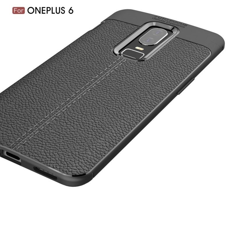 Κάλυμμα OnePlus 6 Μαύρο Εφέ Από Δέρμα Λίτσι Διπλής Γραμμής