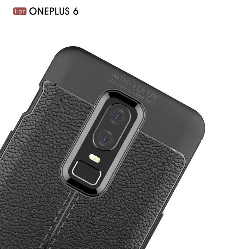 Κάλυμμα OnePlus 6 Μαύρο Εφέ Από Δέρμα Λίτσι Διπλής Γραμμής