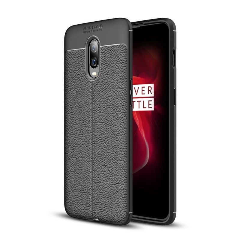 Κάλυμμα OnePlus 6T Μαύρο Εφέ Από Δέρμα Λίτσι Διπλής Γραμμής