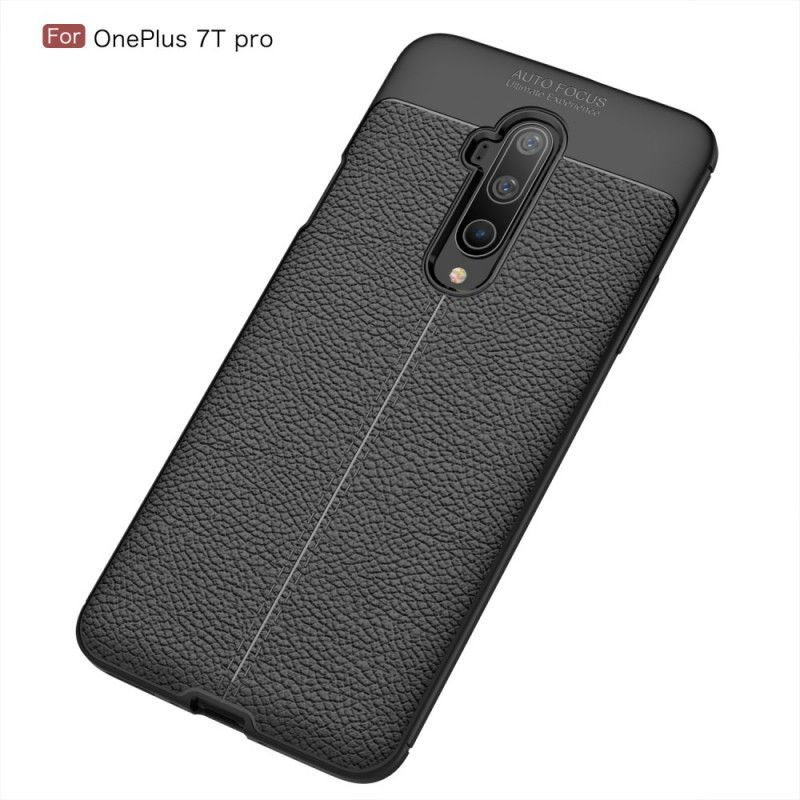 Κάλυμμα OnePlus 7T Pro Μαύρο Εφέ Από Δέρμα Λίτσι Διπλής Γραμμής