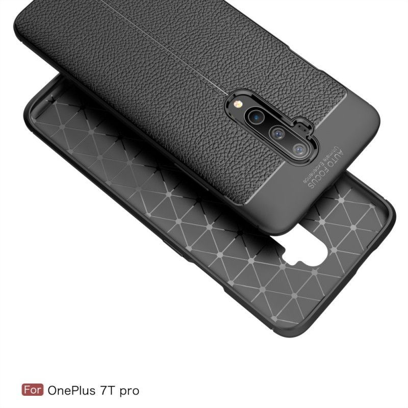 Κάλυμμα OnePlus 7T Pro Μαύρο Εφέ Από Δέρμα Λίτσι Διπλής Γραμμής