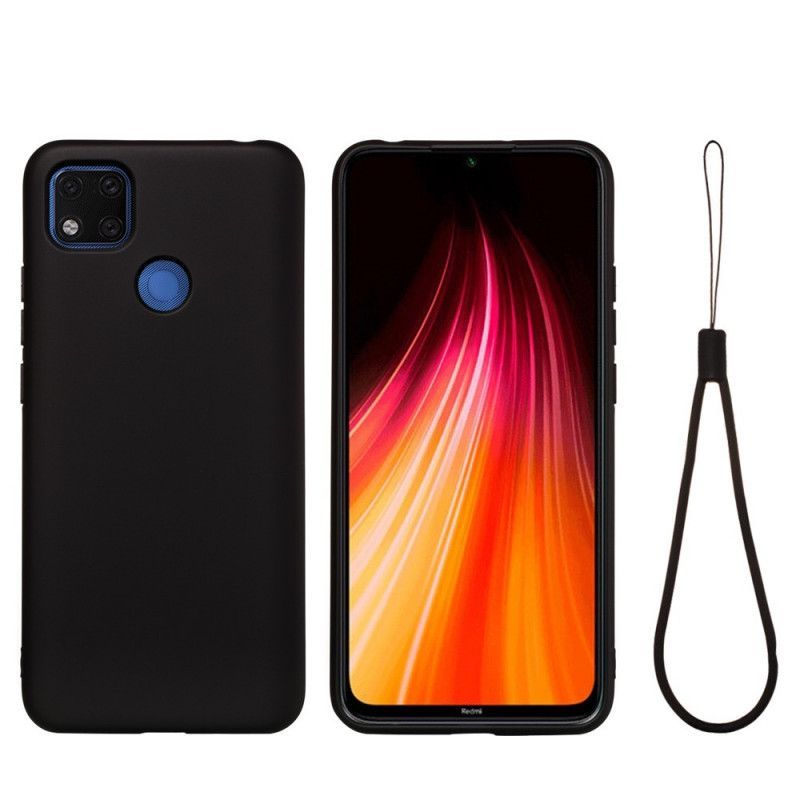 Κάλυμμα Xiaomi Redmi 9C Μαύρο Υγρή Σιλικόνη Με Κορδόνι Πρωτότυπος